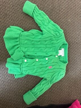 Ralph Lauren Bright Green Cable-Knit Baby Cardigan with Pink Pony